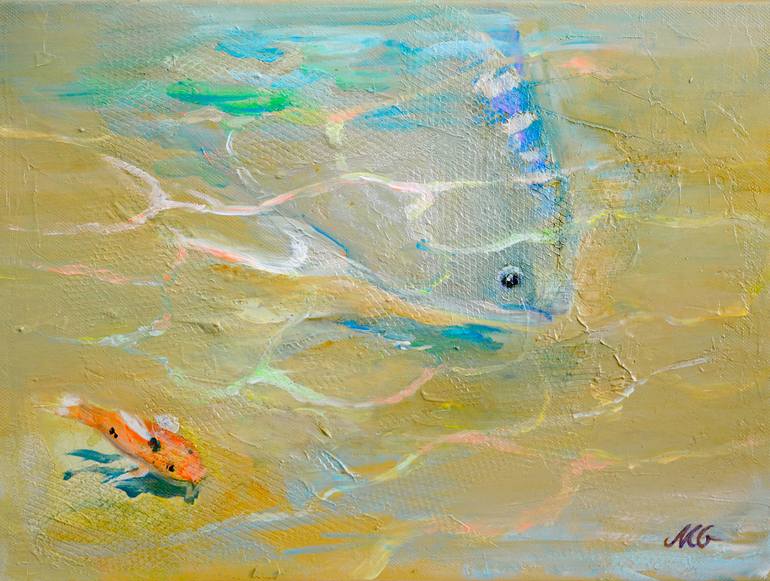 Me & You - small original acrylic painting, ocher, orange, blue and turquoise painting, fish artwork