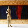 abstract expressionism, beaten gold and red on  a deepblue background