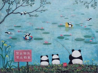surrealistic painting - pandas art - little paradise ( Original ) thumb