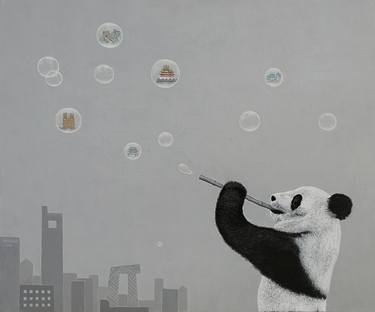 black and white - animal panda - bubbles - Floating ( Original ) thumb