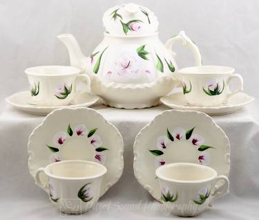 Tea Pot Set - Ceramic (10) Rose & Rosebud Design - Hand Painted thumb
