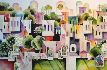 Original Abstract Expressionism Cities Paintings by Munir Alubaidi