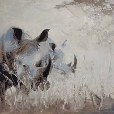 Rhinos at Dawn: Misty Serenity in Grey and Cream thumb