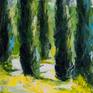 Hot summer afternoon in Tuscany is depicted in this painting. Cypress trees are like spears reaching for the sky. I used a pallet knife to create rich texture and movement.