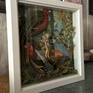 A bird has disappeared from a vintage aviary print...signaling a change in the world order. This assemblage features a miniature figure, resting on a branch, wardrobed in feathers and bejeweled with Swarovski crystals. A crystalized bloom is prominent in the foreground, along with dried nature plants. this piece is framed in a white wooden frame. Also see Modern Aviary #2 for a wonderful set!