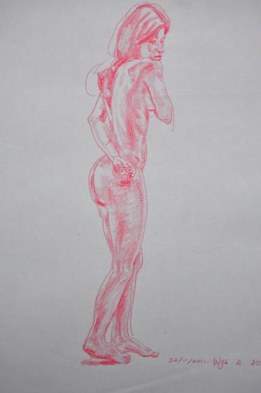 STUDY DRAWING IN COLORED PASTEL: SHY NUDE - Studies, sketches and drawings in pencils, colored pencils, graphite and crayons series thumb