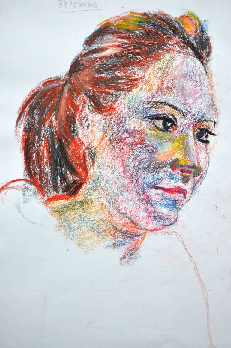 STUDY DRAWING IN COLORED OIL PASTEL: PORTRAIT OF A WOMAN - Studies