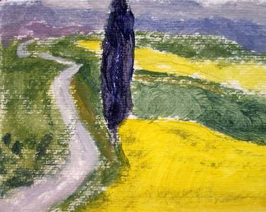 ITALIAN LANDSCAPE: HILL, ROAD, CYPRESS - Landscapes and seascapes of Italy and Rome countryside: tempera painting serie thumb