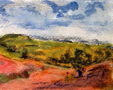 ITALIAN LANDSCAPE: HILL, TREES, ROAD, LAND, CLOUD AND SKY - Landscapes of Italy and Rome countryside: tempera painting serie thumb