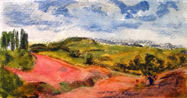 ITALIAN LANDSCAPE: HILL, TREES, CYPRESS, ROAD, LAND, CLOUD AND SKY #2- Landscapes of Italy and Rome countryside: tempera painting serie thumb