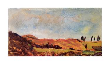 ITALIAN LANDSCAPE: NATURE, SIENNA COLOR, HILL, TREES, LAND, SKY #3 - Landscapes of Italy and Rome countryside: tempera painting serie thumb