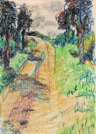 LANDSCAPE: ITALIAN LANDSCAPE, DIRT ROAD, TREES #01 - Landscapes of Italy and Rome countryside: pastel drawing serie thumb