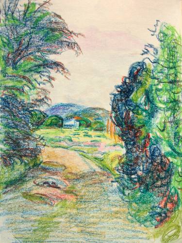 LANDSCAPE: ITALIAN LANDSCAPE, FARMER HOUSE, RURAL LIFE, DIRT ROAD, TREES, MOUNT #01 - Landscapes of Italy and Rome countryside: pastel drawing serie thumb