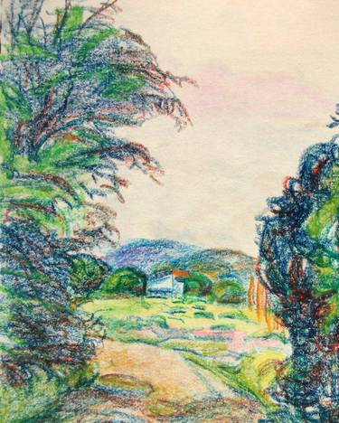 LANDSCAPE: ITALIAN LANDSCAPE, FARMER HOUSE, RURAL LIFE, DIRT ROAD, TREES, MOUNT #02 - Landscapes of Italy and Rome countryside: pastel drawing serie thumb