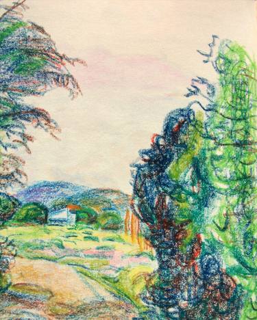 LANDSCAPE: ITALIAN LANDSCAPE, FARMER HOUSE, RURAL LIFE, DIRT ROAD, TREES, MOUNT #04 - Landscapes of Italy and Rome countryside: pastel drawing serie thumb
