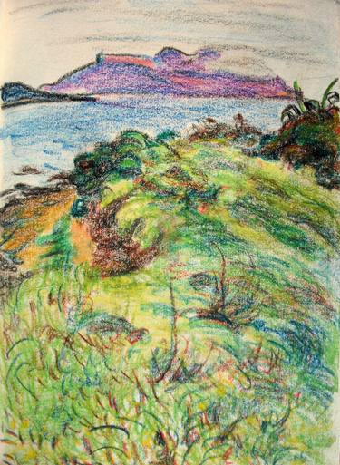 LANDSCAPE: ITALIAN LANDSCAPE, SEA, BAY, BUSH, MOUNT #01 - Landscapes of Italy and Rome countryside: pastel drawing serie thumb