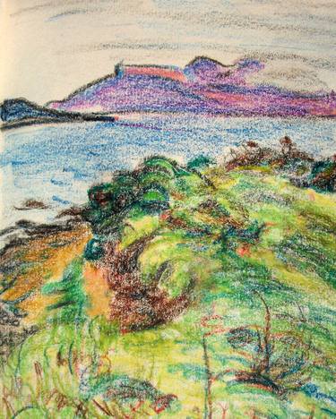 LANDSCAPE: SPRING ITALIAN LANDSCAPE, SEA, BAY, BUSH, MOUNT #03 - Landscapes of Italy and Rome countryside: pastel drawing serie thumb