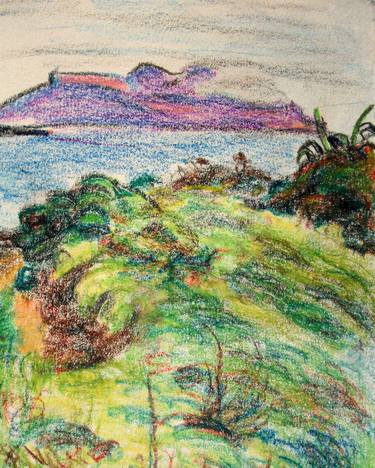 LANDSCAPE: ITALIAN LANDSCAPE, SEA, BAY, BUSH, MOUNT #04 - Landscapes of Italy and Rome countryside: pastel drawing serie thumb