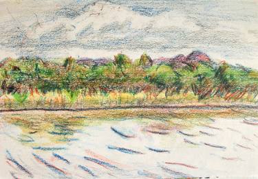 LANDSCAPE: ITALIAN LANDSCAPE, RIVER, SWAMP, REED PLANTS, CLOUD, HILL #01 - Landscapes of Italy and Rome countryside: pastel drawing serie thumb