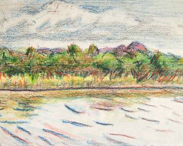 LANDSCAPE: ITALIAN LANDSCAPE, RIVER, SWAMP, REED PLANTS, CLOUD, HILL #02 - Landscapes of Italy and Rome countryside: pastel drawing serie thumb