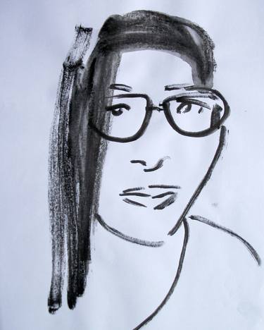 ABSTRACT DRAWING : PORTRAIT OF A CHINESE GIRL WITH GLASSES # 05 - Abstract ink on paper drawing: portrait of girl, woman, man and nude series thumb