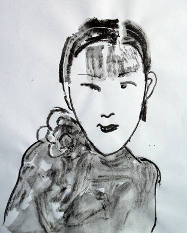 ABSTRACT DRAWING : CHINESE ASIAN GIRL WITH FLOWERS # 023 - Abstract ink on paper drawing: portrait of girl, woman, man and nude series thumb
