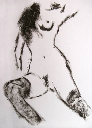 FIGURATIVE DRAWING: EROTIC PORTRAIT OF A NAKED GIRL WITH STOCKINGS # 039 - Figurative ink and tempera on paper painting: portrait of girl, nude series thumb