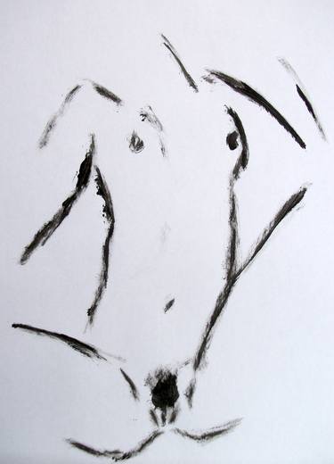 FIGURATIVE DRAWING: EROTIC PORTRAIT OF A SKINNY NAKED GIRL ON BED # 040 - Figurative ink and tempera on paper painting: portrait of girl, woman, nude thumb