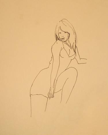 YOUNG EROTIC SEXY GIRL WITH SATIN SLIP #021 (back of #020) - Ink drawing of nude girls series thumb