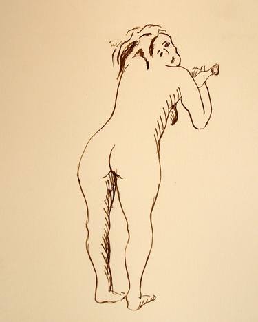 NUDE GIRL FROM BACK WITH BOTTLE #022 - Ink drawing of nude girls series thumb