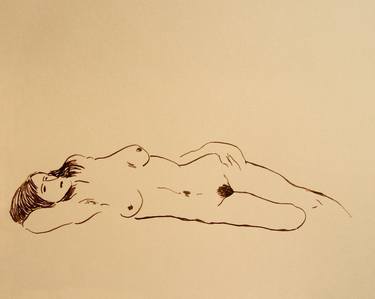 NUDE GIRL ON BED #023 - Ink drawing of nude girls series thumb