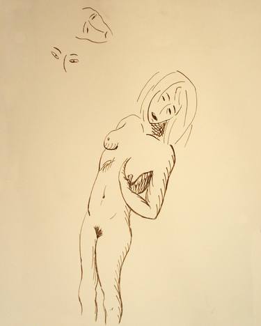 NUDE EROTIC ASIAN GIRL WITH MASKS #025 - Ink drawing of nude girls series thumb