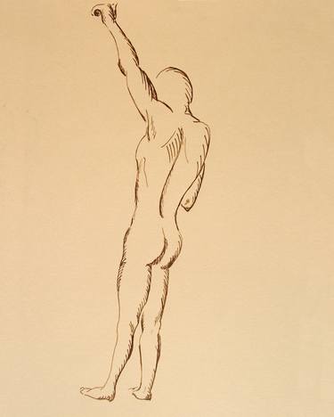 NUDE ATHLETIC BOY WITH ONE ARM RAISED FROM BACK #001 - Ink drawing of nude men and boys on yellow ocher paper series thumb