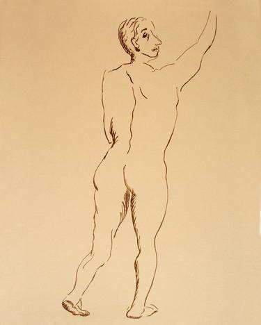 NUDE YOUNG BOY WITH ONE ARM RAISED FROM BACK #004 - Ink drawing of nude men and boys on yellow ocher paper series thumb