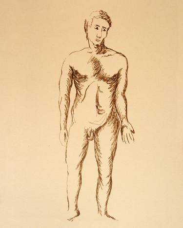 YOUNG NUDE ATHLETIC BOY #005 - Ink drawing of nude men and boys on yellow ocher paper series thumb