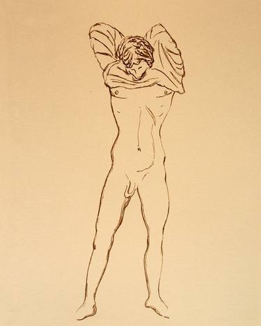 NUDE EROTIC ATHLETIC BOY UNDRESSES #006 - Ink drawing of nude men and boys on yellow ocher paper series thumb
