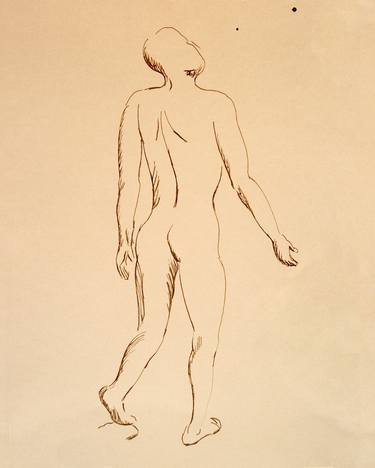 NUDE ATHLETIC BOY LOOKS AT THE UNIVERSE (FROM BACK) #008 - Ink drawing of nude men and boys on yellow ocher paper series thumb