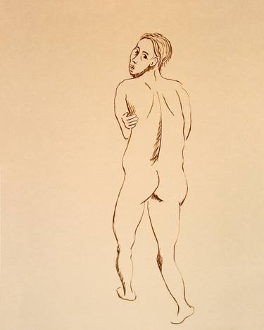 YOUNG NUDE BOY FROM BACK (EXPULSION FROM PARADISE) #009 - Ink drawing of nude men and boys on yellow ocher paper series thumb