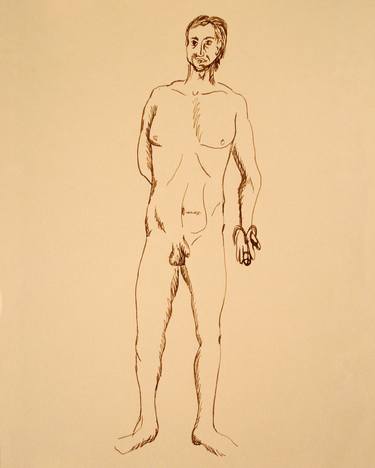 NUDE EROTIC MAN WITH TOOL #011 - Ink drawing of nude men and boys on yellow ocher paper series thumb