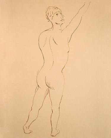 NUDE ATHLETIC BOY WITH ONE ARM RAISED FROM BACK #012 - Ink drawing of nude men and boys on yellow ocher paper series thumb
