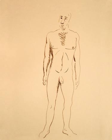 YOUNG NUDE ATHLETIC BOY #013 - Ink drawing of nude men and boys on yellow ocher paper series thumb