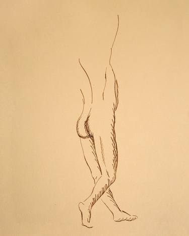 STUDY OF NUDE YOUNG BOY WITH ONE ARM RAISED FROM BACK #010 - Ink drawing of nude men and boys on yellow ocher paper series thumb