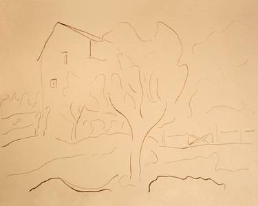 LINE LANDSCAPE, FARMERHOUSE, GARDEN, TREES #001- Ink landscape drawing of countryside on yellow ocher paper series thumb
