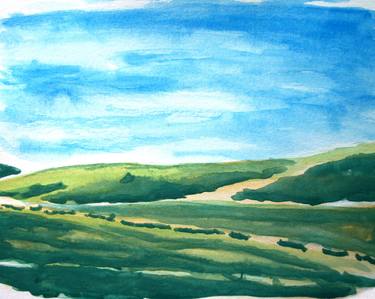 RURAL ITALIAN COUNTRYSIDE LANDSCAPE: HILLS, TREES, SHRUBBERY, SKY, CLOUDS - Landscapes of Italy and Rome countryside: tempera on paper painting thumb