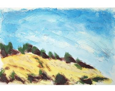 ITALIAN COUNTRYSIDE LANDSCAPE: HILL, YELLOW GRASS, BUSHES, SKY, CLOUDS - Landscapes of Italy and Rome countryside: tempera on paper painting series thumb