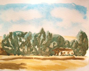 ROMAN COUNTRYSIDE LANDSCAPE: WHEAT FIELD, FARMERHOUSE, TREE, SKY, CLOUDS - Landscapes of Italy and Rome countryside: tempera on paper painting series thumb