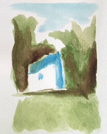 ITALIAN COUNTRYSIDE LANDSCAPE: THE BLUE FARMERHOUSE, TREE, CLEAR SKY - Landscapes of Italy and Rome countryside: tempera on paper painting series thumb