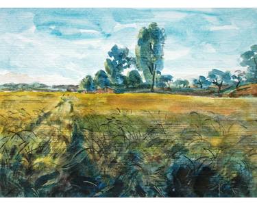 ITALIAN LANDSCAPE: YELLOW WHEAT FIELD, TREES, GRASS, SKY AND CLOUDS #06 - Landscapes Inspired by Constable‏, italian countryside: realism painting thumb