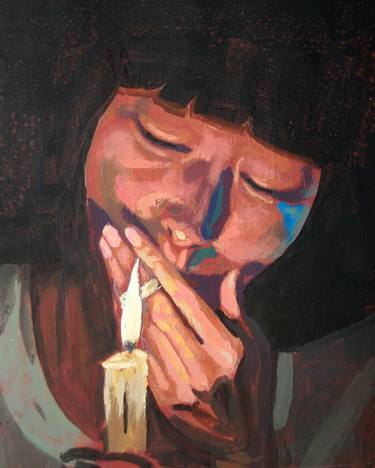 Asian girl smoking a cigarette - Modern, Realism, Figurative, Portraiture, Acrylic and tempera on paper series thumb