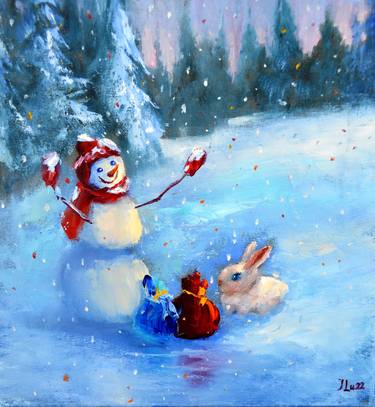 The snowman and the rabbit are handing out gifts to everyone thumb